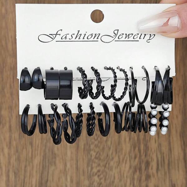 12pairs Cross-Border New Style Black Earring Set, Including Faux Pearl Inlaid Earrings And Circle Earrings