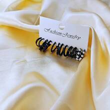 12對跨境新款黑色耳環套裝,包括人造珍珠嵌入式耳環和圓形耳環 - 黑色 - 查看 8