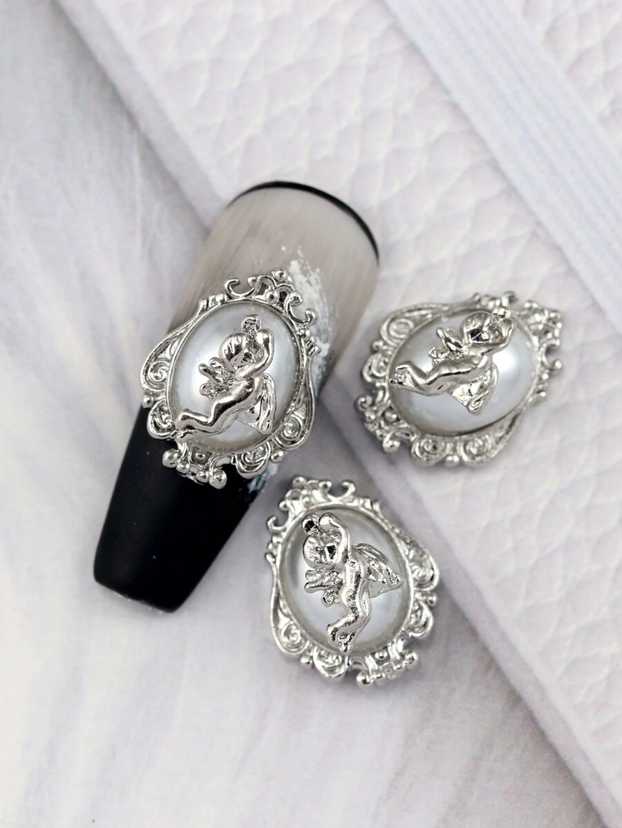 10Pcs/Pack Korean Style Lz Nail Art Alloy Jewelry With Pearl Inlay, Featuring Flying Angel Design Diy Nail Charms Nail Gems Nail Supplies Nails