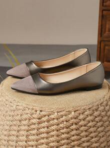 Women's Gray Patchwork Khaki Pointed Toe Stylish Black White Olive Green Flat Shoes, Suitable For Daily Casual, Outdoor, Commute, Office Work, Autumn, Comfortable Black, Burgundy Loafers - 灰色 - 查看 4