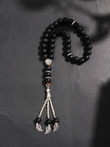 1pc Black Matte Crystal 33pcs Bead Rosary Bracelet With Star, Moon Charms & Tassel Decor, Vintage Style Jewelry For Men - Black - View 3