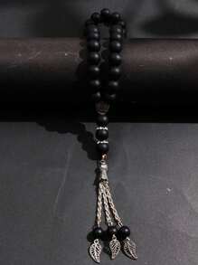 1pc Black Matte Crystal 33pcs Bead Rosary Bracelet With Star, Moon Charms & Tassel Decor, Vintage Style Jewelry For Men - Black - View 4