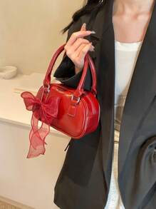 Túi xách thời trang bằng chất liệu PU có trang trí nơ cho nữ có dây đeo vai, thích hợp cho những dịp trang trọng như tiệc tùng và đám cưới, túi thời trang màu đỏ tía - Màu Đỏ Sâu - Xem 3