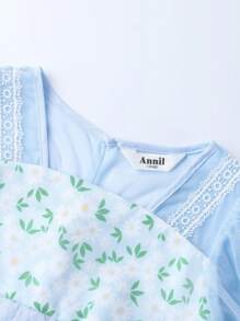 Annil Vestido azul de manga corta, de cintura alta, con estilo nacional y paraguas, fresco y elegante para niñas en verano