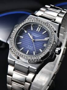 LONGLUX 1pc Men's Waterproof Automatic Mechanical Calendar Watch, Stainless Steel Band With Butterfly Clasp & Decorative Diamonds, Business Style - Silver - View 3