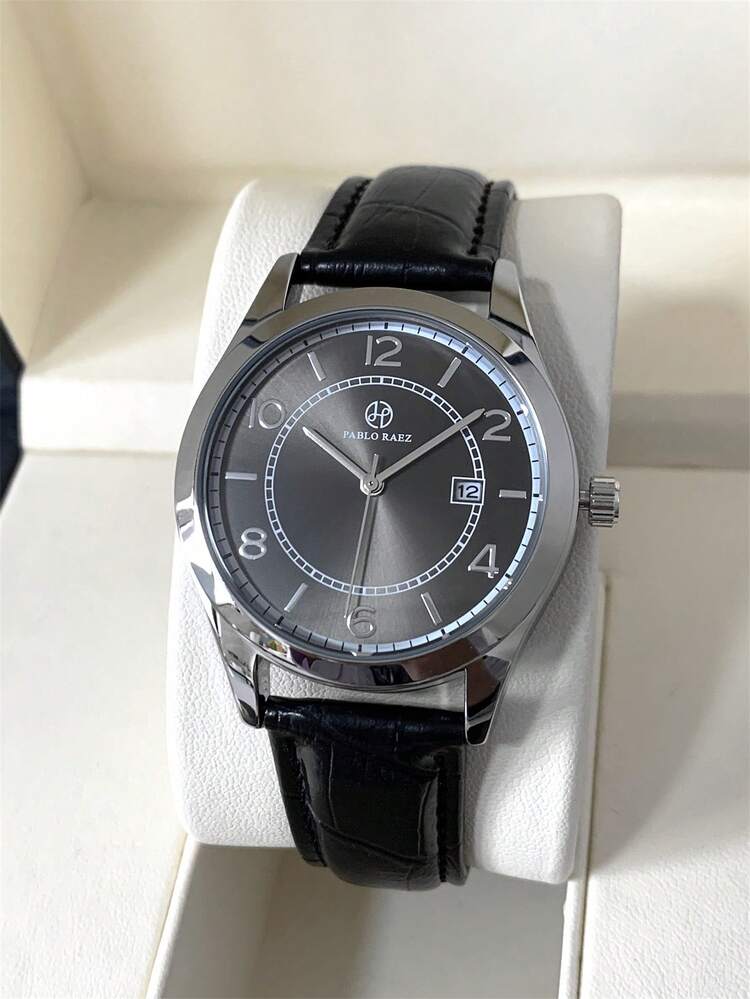 Pablo Raez 1只男士高端商務手錶，採用SUS304不銹鋼制成，銀色錶殼，阿拉伯數字刻度，簡約風格的表盤，日曆顯示和精確的石英運動。黑色舒適的真皮表帶，防水電子手錶，適用於日常生活、工作和派對。是時尚休閒男士的完美禮物。 - 銀色 - 查看 5