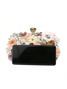 Glamorous Beaded And Rhinestone Detailed 3d Flower Shape Clutch Bag, Perfect For Evening, Bridal, Wedding, Party Or Formal Dressing - Apricot - View 8