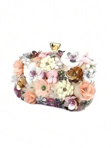 Glamorous Beaded And Rhinestone Detailed 3d Flower Shape Clutch Bag, Perfect For Evening, Bridal, Wedding, Party Or Formal Dressing - Apricot - View 3