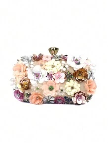 Glamorous Beaded And Rhinestone Detailed 3d Flower Shape Clutch Bag, Perfect For Evening, Bridal, Wedding, Party Or Formal Dressing - Apricot - View 2