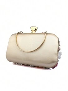 Glamorous Beaded And Rhinestone Detailed 3d Flower Shape Clutch Bag, Perfect For Evening, Bridal, Wedding, Party Or Formal Dressing - Apricot - View 7