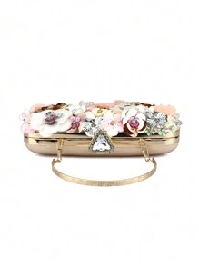 Glamorous Beaded And Rhinestone Detailed 3d Flower Shape Clutch Bag, Perfect For Evening, Bridal, Wedding, Party Or Formal Dressing - Apricot - View 5