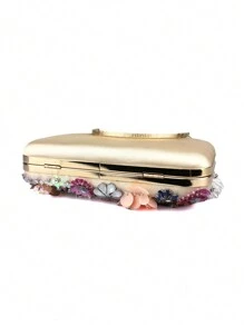 Glamorous Beaded And Rhinestone Detailed 3d Flower Shape Clutch Bag, Perfect For Evening, Bridal, Wedding, Party Or Formal Dressing - Apricot - View 6