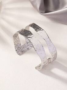 1pc Fashionable, Simple, And Retro European And American Style, Textured Open Cuff Bracelet - Silver - View 3