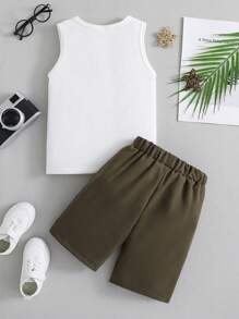 夏季男童卡通宇航员印花上衣和短裤 - 軍綠色 - 查看 2