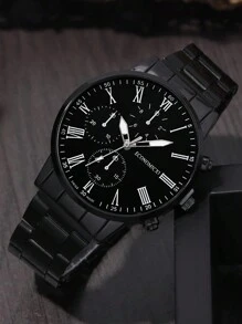 時尚潮流圓盤錶盤青少年鋼帶石英手錶，是送給兒童返校禮物的好選擇 - 黑色 - 查看 3