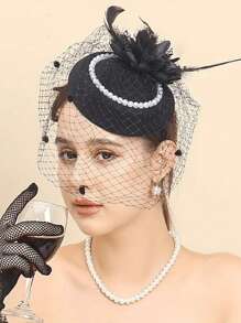 1入組女士頭飾，配有網眼、花朵和仿珍珠設計的頭帶/鉗子夾，適用於新娘、派對、婚禮、情人節、生日、復古帽、波西米亞風格和優雅旗袍髮型