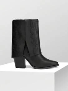 Women'S Cowboy Western Boots Pull On Fold Over Pointed Toe Chunky Heel  Embroidered Western Cowgirl Fashion Mid Calf Christmas Winter Boots - Black - View 7