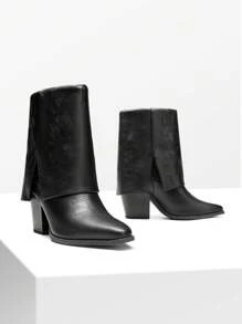 Women'S Cowboy Western Boots Pull On Fold Over Pointed Toe Chunky Heel  Embroidered Western Cowgirl Fashion Mid Calf Christmas Winter Boots - Black - View 1