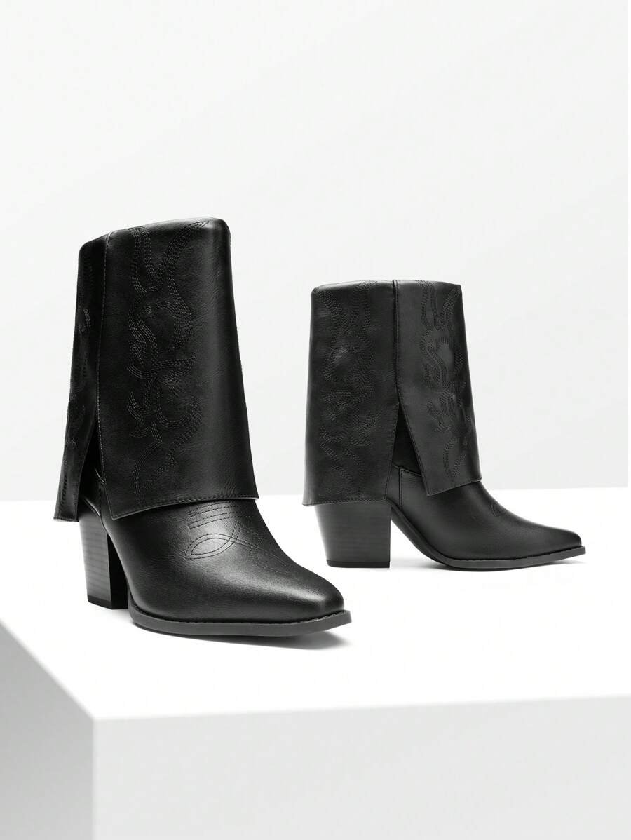 Women'S Cowboy Western Boots Pull On Fold Over Pointed Toe Chunky Heel  Embroidered Western Cowgirl Fashion Mid Calf Christmas Winter Boots - Black - View 1