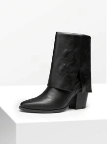 Women'S Cowboy Western Boots Pull On Fold Over Pointed Toe Chunky Heel  Embroidered Western Cowgirl Fashion Mid Calf Christmas Winter Boots - Black - View 3