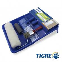 Kit Pintura 5 peças Multiuso Econômico Tigre Rolo De Pintura Para Parede 23cm Suporte Bandeija Trincha Rolinho Pincel - Azul cadete - Visão 1