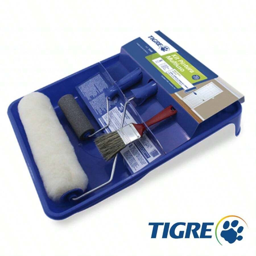 Kit Pintura 5 peças Multiuso Econômico Tigre Rolo De Pintura Para Parede 23cm Suporte Bandeija Trincha Rolinho Pincel - Azul cadete - Visão 1
