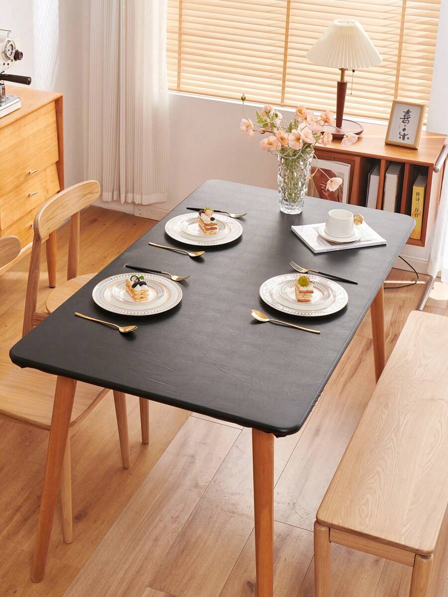 1 pieza Mantel impermeable, unicolor, a prueba de aceite, de lujo, para mesa de comedor, mesa de café, escritorio, a prueba de polvo, lavable, cubierta de mesa rectangular para el hogar - Negro - Ver 1
