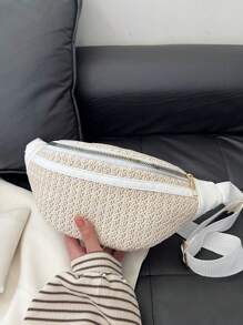 1個純色草編女式胸包 - 米色 - 查看 3