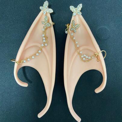 Rhinestone Butterfly & Faux Pearl Decor Costume Ear, Anime Party Costume Masquerade Accessories Christmas Cosplay Vampire Fairy Ears Halloween