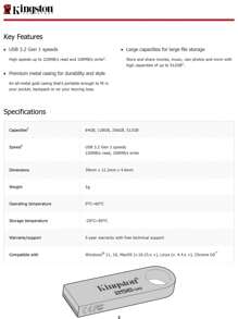 KINGSTON 金士頓64gb/128gb/256gb Usb3.2 Gen 1 U盤dtse9g3大容量金屬u盤讀取速度高達220mb/s - 香檳色 - 查看 6