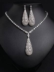 3 件/套热销水滴镂空钻石项链耳环套装适合女士订婚派对伴娘首饰套装礼物 - 白底 - 查看 4