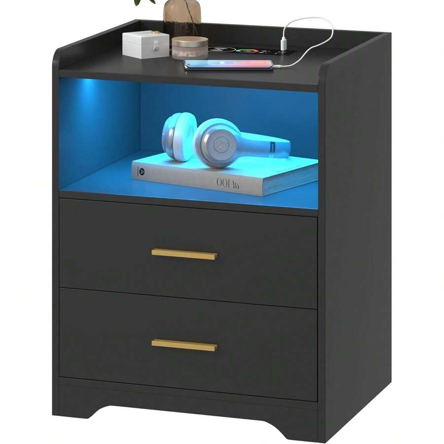LSTUSA Black LED Nightstand With Charging Station Night Stands With 24