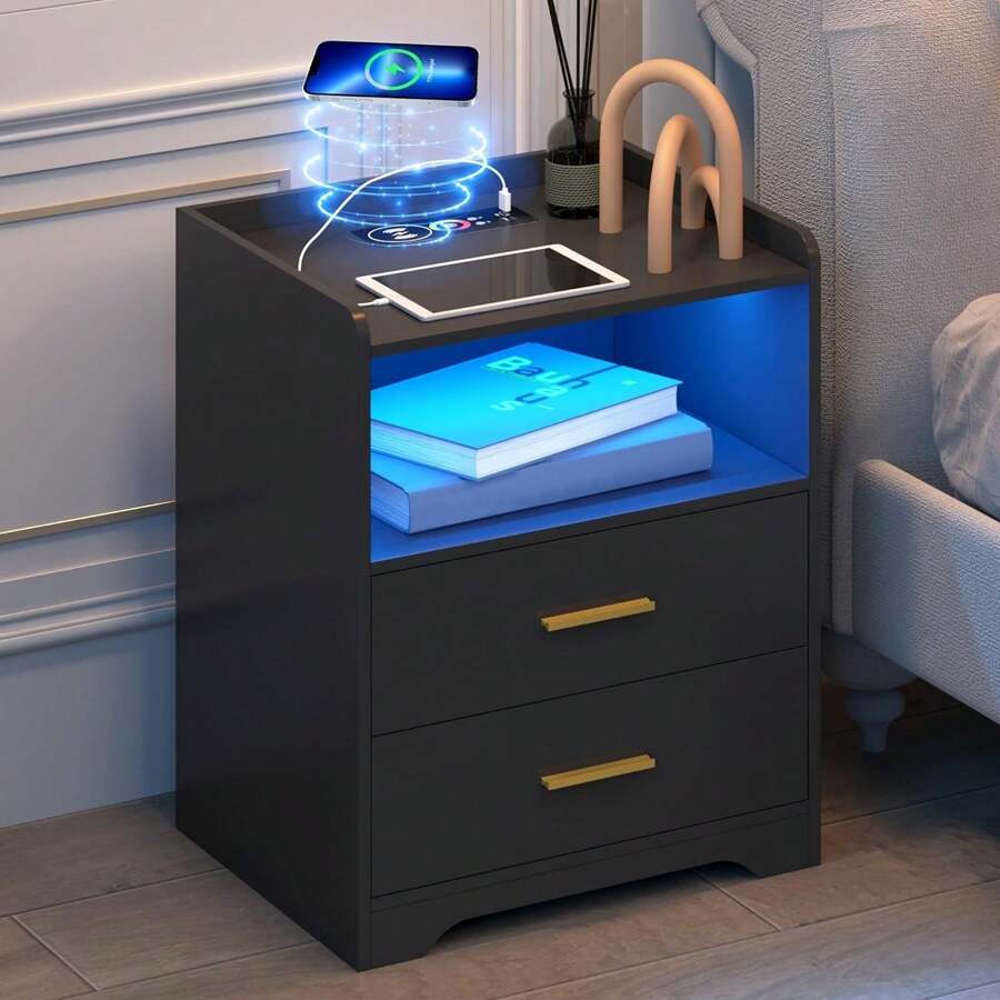 LSTUSA Black LED Nightstand With Charging Station Night Stands With 24