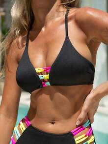 popvil Women's Cross Back Strap Design Two-Piece Bikini Set For Pool And Beach Vacation In Summer - Black - View 5