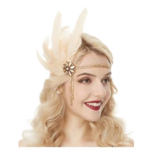 1920s Women Feather Headband Retro Crystal Yellow Glass Rhinestone Beige Faux Pearl Necklace Champagne Colored Elbow Gloves Party Accessory Attractive Set Combination Christmas Prom Halloween - Multicolor - View 5