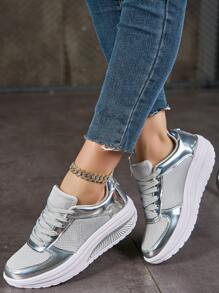 Women's Shiny Rocker Sole Shoes With Thick Sole And Breathable Mesh Upper, Ideal For Mom's Casual/Sports Wear - Silver - View 6