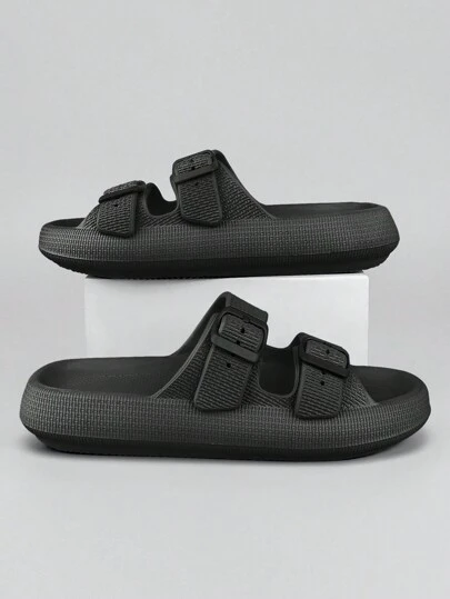 Men's Buckle Decor Slides,Fashionalbe Non Slip Eva Slippers,Cool Black Flat Sandals For Summer