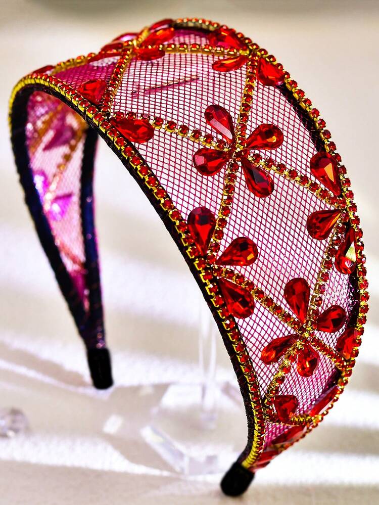 1個水晶網和合金的髮箍,彩色鑽石裝飾的寬髮帶,簡單而奢華的日常和工作髮飾,手工珠片頭飾優雅 - 紅色 - 查看 4