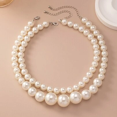 2pcs Faux Pearl Material Faux Pearl Necklace, Stylish & Retro With High-End Sense, Suitable For Women To Wear Both In Daily Life And Important Occasions
