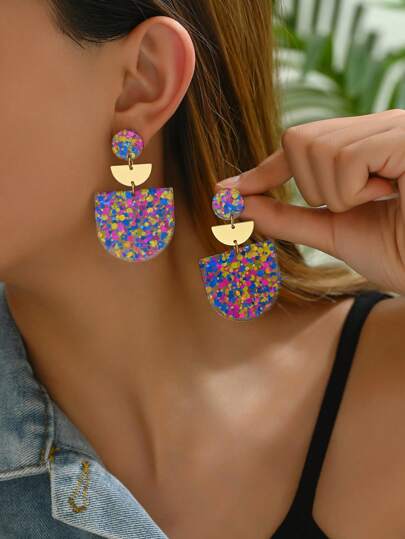 1pair Multicolor Bohemian Style Summer Simple & Chic Half Circle Texture Earrings For Women, Perfect For Parties, Thanksgiving, Christmas, And New Year Gifts