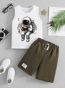 夏季男童卡通宇航员印花上衣和短裤 - 軍綠色 - 查看 1