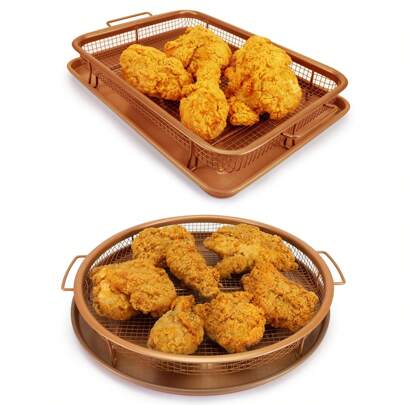 Non-Stick Baking Tray With Grill CrispyBasket Copper Crisper Air Fryer Pan, BakingSheet And Cooling Rack Basket Set,  Nonstick AirFry Accessories, Bakeware, Cooking Tray ForBaking, Multiple Styles Availabl Optional Square Or Round