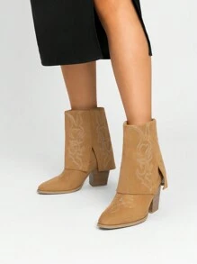 Women'S Cowboy Western Boots Pull On Fold Over Pointed Toe Chunky Heel  Embroidered Western Cowgirl Fashion Mid Calf Christmas Winter Boots - 棕色 - 查看 5