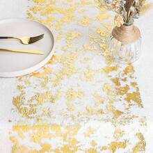 1 Piece Golden Table Runner, Sequin Glitter Foil Metallic Thin Mesh Table Runner Roll 11"X112", Golden Table Decorations For Event Party, Wedding, Birthday Parties, Christmas - Gold - View 3