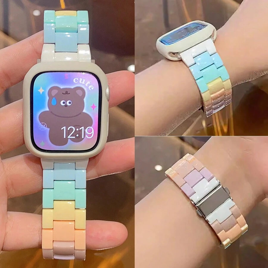 Huastonband 錶帶 + 保護殼，相容於 Ultra 3/2 系列 SE S10/S9/S8 S7 6 5 4，樹脂時尚多巴胺彩色可調節腕帶，杏色超薄鏤空軟材質全方位保護殼，38mm 40mm 41mm 42mm 44mm 45mm，2026 夏季熱銷新品，女性派對、海灘聚會、夏季配件，學生返校與畢業季禮物