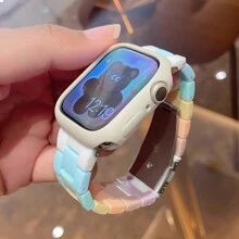 Huastonband 錶帶 + 保護殼，相容於 Ultra 3/2 系列 SE S10/S9/S8 S7 6 5 4，樹脂時尚多巴胺彩色可調節腕帶，杏色超薄鏤空軟材質全方位保護殼，38mm 40mm 41mm 42mm 44mm 45mm，2026 夏季熱銷新品，女性派對、海灘聚會、夏季配件，學生返校與畢業季禮物 - 彩色 - 查看 4