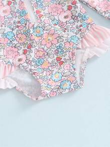 Ensemble de maillot de bain anti-éruptions cutanées pour bébé fille à manches longues avec imprimé floral, maillot de bain pour bébé avec chapeau de soleil et nœud papillon, 2 pièces