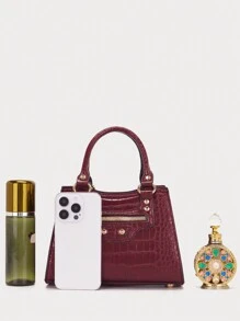 VANESSAMAY&DKMG 1pc Crocodile Pattern Small Handbag And Crossbody Bag For Women, Suitable For Mother's Day, Holidays, Business, Casual, Travel, Commuting And Office Work, Daily And Special Occasions Gift Office Bag & Business Casual Bag For Women, Perfect For Office, Business And Work, Fashionable Burgundy Bag, Bag For Women Elegant, Eye-Catching Work Bags For Women