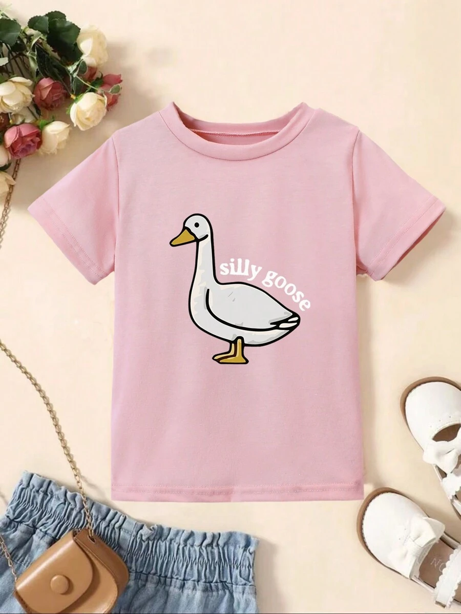 1 Piece For Young Girls Casual Fashion Cartoon "Silly Goose" Print Round Neck Short Sleeve T-Shirt, Suitable For Spring, Summer And Autumn Fashion Clothing - Pink - View 1