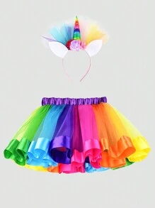 Conjunto de falda de tul arcoiris y diadema de unicornio de colores para niña joven